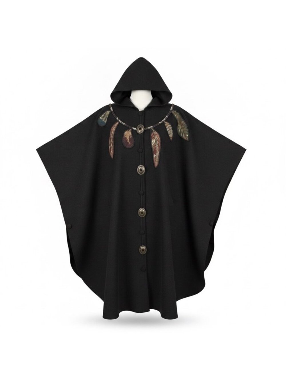 Coloratura Womens Black Wool Hooded Poncho With Feather Appliqué One Size